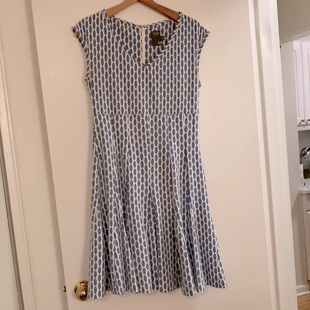 Blue patterned dress.